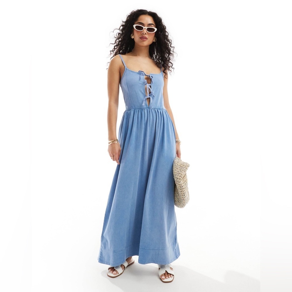 ASOS DESIGN cami with tie front bodice full skirt midi dress in blue
